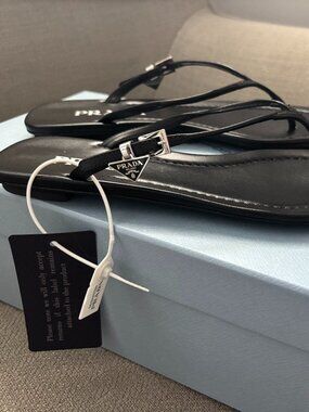 Prada Black Leather Thong Sandals Triangle Logo NWT Classic Minimal
